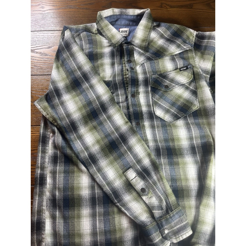 VTG Volcom Workwear Shirt Mens Medium Western Pearl Snap Skater Grunge Check